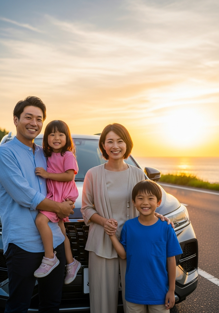 家族4人でドライブ旅行に出かける車の前で笑顔