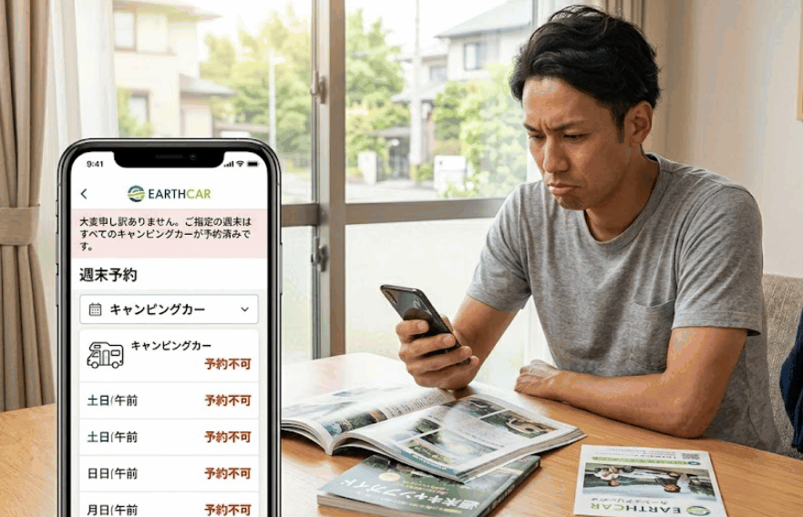 アースカーのアプリで週末のキャンピングカー予約が埋まっており、予約に失敗した男性