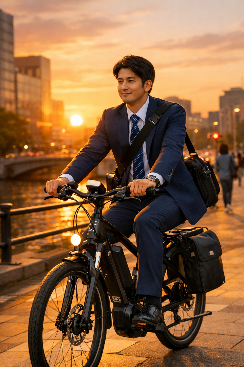 朝の都会を颯爽と電動アシスト自転車で駆け抜けるビジネスパーソン