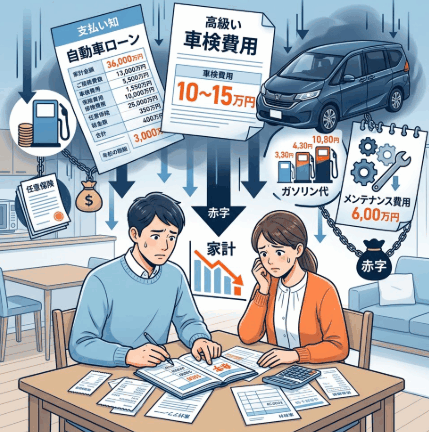 ミニバンのローン購入と車検費用の家計圧迫イメージ