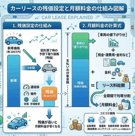 カーリースの残価設定と月額料金の仕組み図解