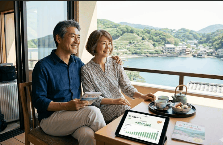 特Pの収益で旅行を楽しむ50代夫婦のイメージ