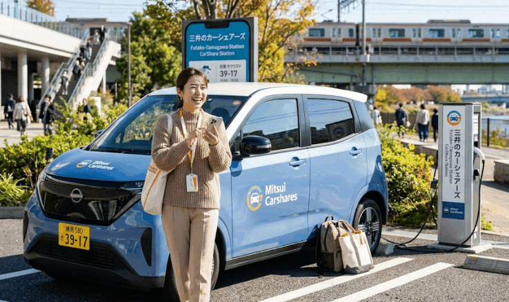 スマホで簡単に三井のカーシェアーズを予約し、お出かけを楽しむ様子