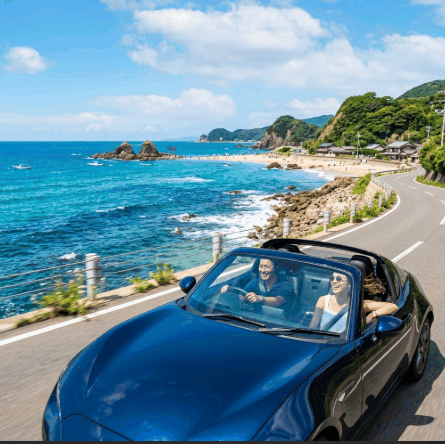 糸島の綺麗な海沿いをドライブする車のイメージ